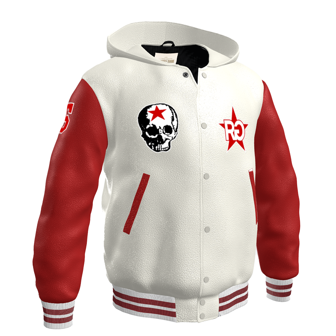 RG SKULL: FULL LEATHER VARSITY JACKET (RED & WHITE)