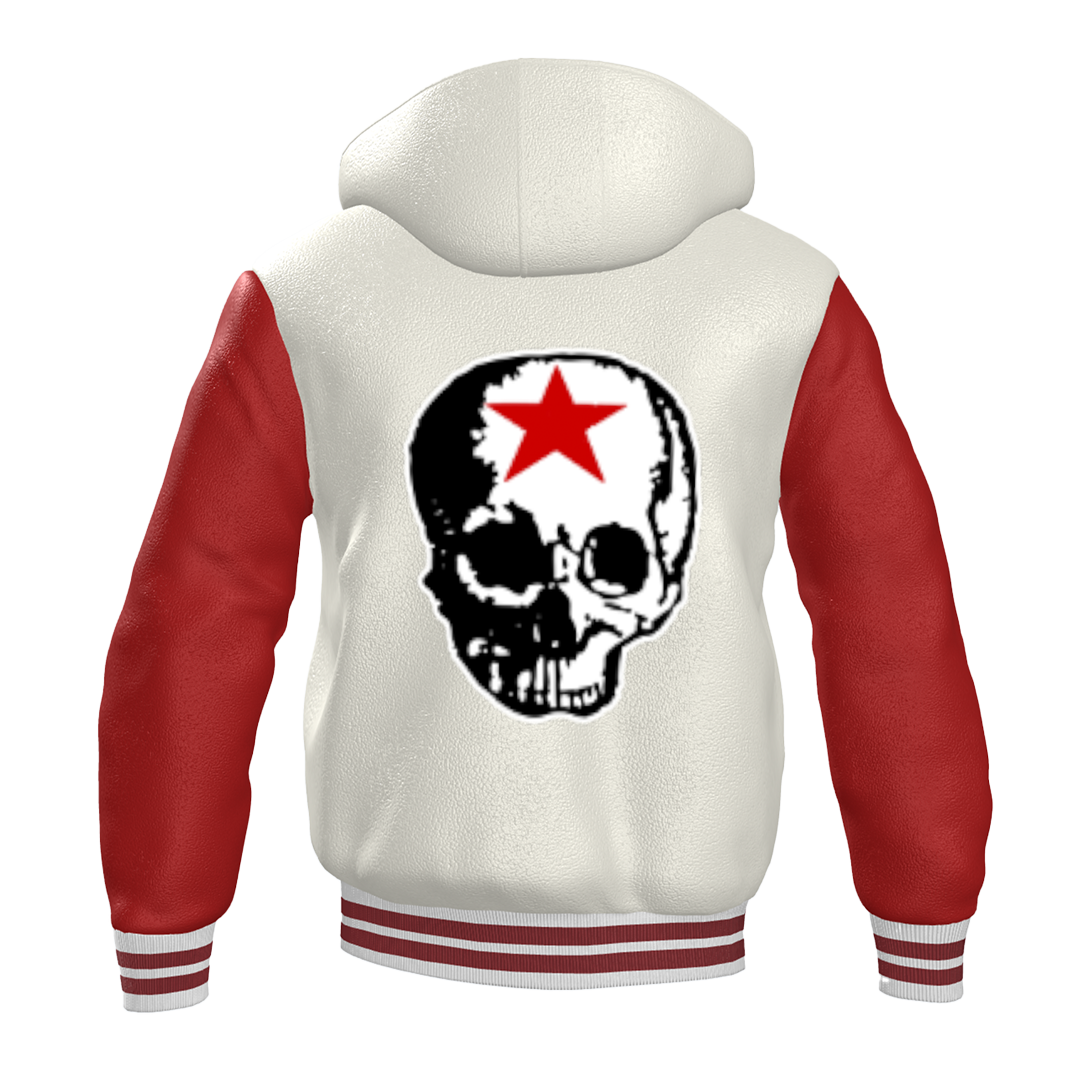 RG SKULL: FULL LEATHER VARSITY JACKET (RED & WHITE)