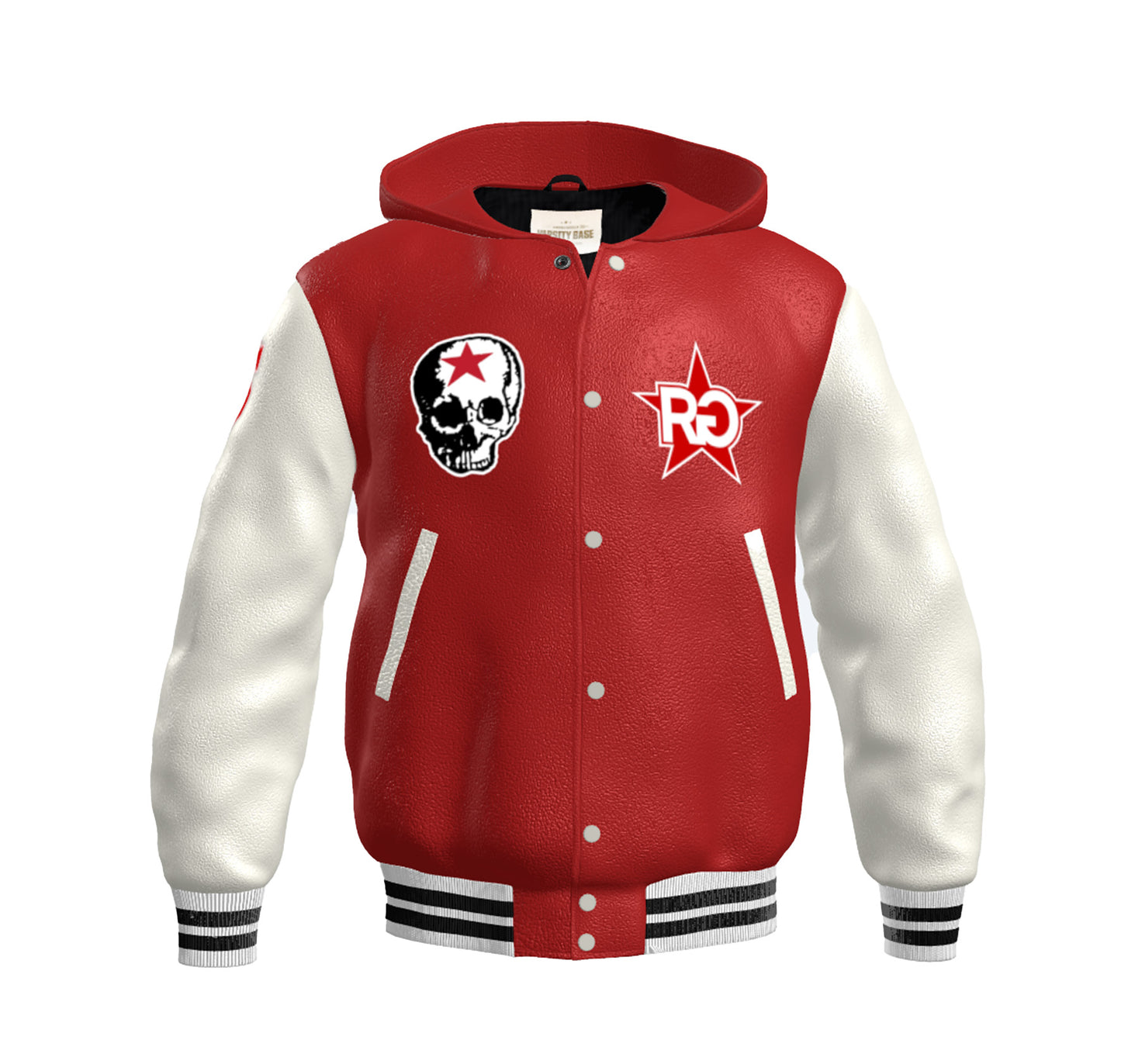 RG SKULL: FULL LEATHER VARSITY JACKET (RED & WHITE)