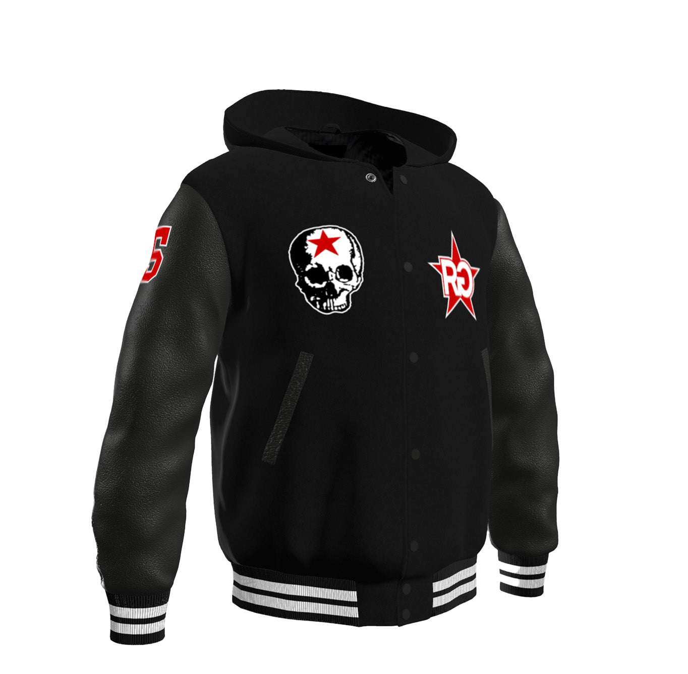 RG SKULL: HOODED VARSITY JACKET (BLACK)