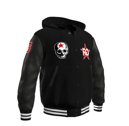 RG SKULL: HOODED VARSITY JACKET (BLACK)